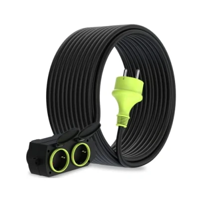 Imagen de MutecPower 20m Cable alargador de Corriente con 4 enchufes Schuko para Uso Exterior IP44 H05RR F3G 1,5mm² alargo Tomas Protección Infantil Goma 20 Metros Negro/Verde