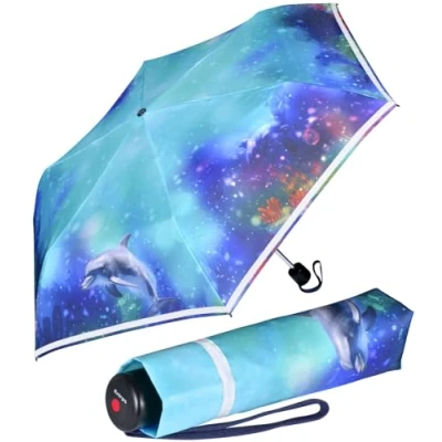 Imagen de Knirps Paraguas de bolsillo para niños 4Kids Reflective con ribete reflectante Dolphin, Delfín, 90 cm