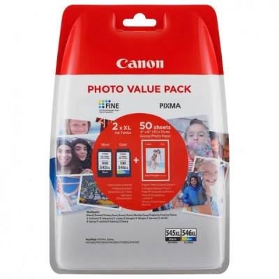 Imagen de Canon PG 545XL + CL 546XL, Cartuchos de Tinta Original, Cartucho Independiente en Color Negro y Multicolor, Incluye 50 Hojas Papel Fotográfico 4 x 6, Compatible con Impresoras PIXMA