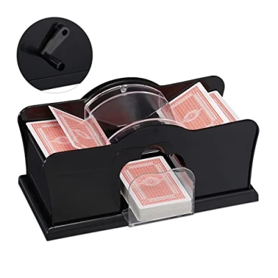 Imagen de Relaxdays Máquina barajadora de cartas, 2 barajas, con manivela, dispositivo barajado manual para jugar a las cartas el tamaño 9 x 6,5 cm, plástico, negro