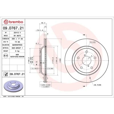 Imagen de BREMBO 09.D767.21 Disco de freno 285 17 5 ventilación interna revestido con tornillos