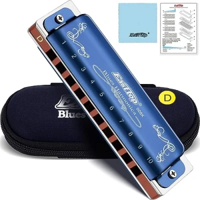 Imagen de East Top 10 Hole 20 Tone 008K D Tecla de armónica diatónica con estuche azul, armónicas estándar para adultos, jugadores profesionales y estudiantes