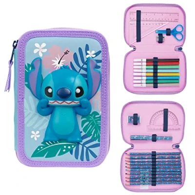 Imagen de Disney Estuche de Lápices con Papelería para Niñas, Estuches Escolares, Colores, Rotuladores (Stitch Cremallera Doble)