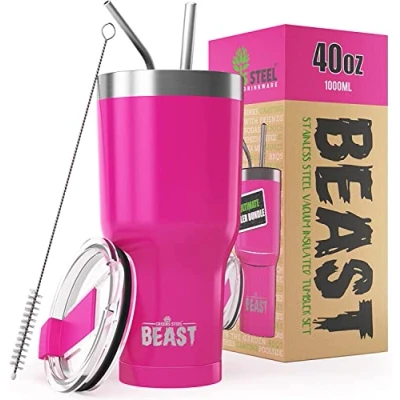 Imagen de Greens Steel BEAST Termo Café para Llevar 1050ml I Rosa Ponqué Taza Térmica de Acero Inoxidable Reusable Viajera Doble Pared al Vacío 2 Pajitas y Cepillo Limpieza
