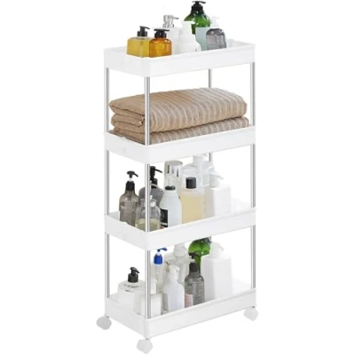 Imagen de SONGMICS Carrito Auxiliar con Ruedas de 4 Niveles, Cocina Plástico, Estrecho Almacenamiento, Ahorra Espacio, para Baño, Cocina, Oficina, 40 x 22 88 cm, Blanco KSC10WT