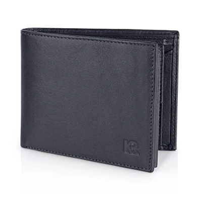 Imagen de KRONIFY Cartera para Hombres Billetera de Cuero Genuino con Protección RFID Compartimento Monedas 13 Compartimentos Tarjetas Costura Reforzada Formato Horizontal Nappa Azul