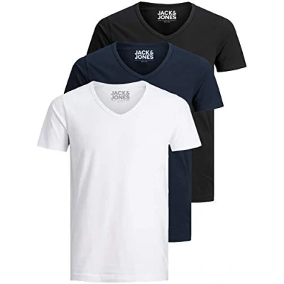 Imagen de Jack and Jones Camiseta básica para hombre, cuello en V, 3 unidades, Color liso, corte ajustado, blanco, negro, azul, gris, Mix 2, XL