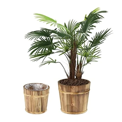 Imagen de Relaxdays Pack Macetas de Madera, 2 Tamaños, Tiestos Flores, Ø24 y 19cm, Interior Exterior, Forro Plástico, Natural, Unidades
