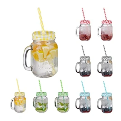 Imagen de Relaxdays Jarras con Tapa y Pajita, Set de 10 Jarritas Limonada, 500 ml, Vasos Retro Veraniegos Asa, Multicolor