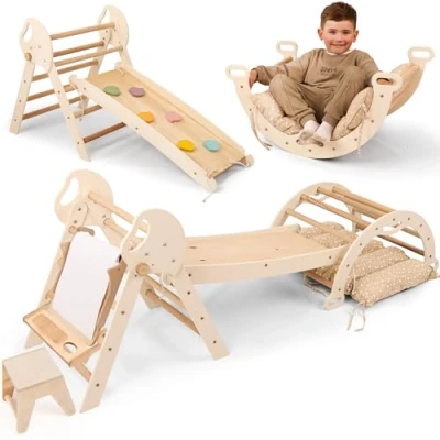 Imagen de Goodevas Montessori 5 en 1 Juego de estructura trepadora para interiores, arco escalada con cojín, tobogán niños y arte, zona juegos interior a 3 años