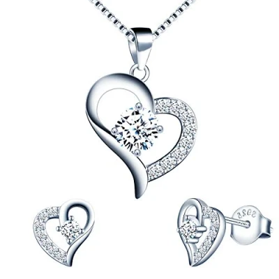 Imagen de Yumilok Conjunto de Collar y Pendientes, con Colgante corazón Diamantes, Arete Plata 925 Brillante para Mujer niña, circonita Incrustaciones