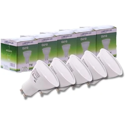 Imagen de Jandei Pack de 5 Bombillas LED GU10 7W (equivalente a 50W), Color Blanco Cálido 3000K, 650 Lúmenes, bajo consumo, no regulables, para hogar, oficina, tienda.