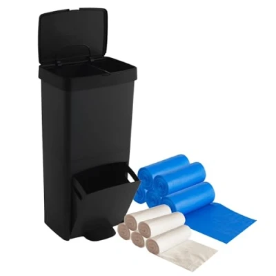 Imagen de Pack Cubo de basura o reciclaje 70L en NEGRO, VERTICAL, 2 Compartimentos, Papelera residuos, 76 cm, INCLUYE bolsas adaptadas (10L + 30L)