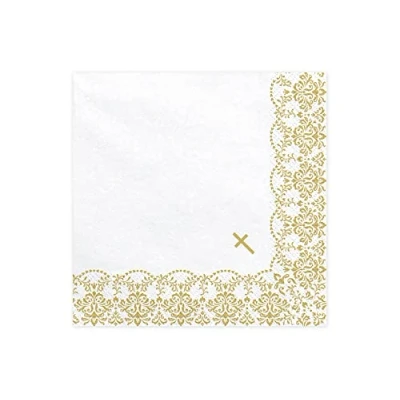Imagen de 20 servilletas de 33 x cm, color blanco con adornos dorados, comunión, confirmación, bautizo
