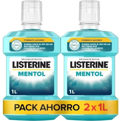 Imagen de Listerine Mentol (pack de 2 x 1 L), enjuague bucal con flúor, colutorio 24 horas protección, elixir mentolado para un aliento fresco duradero