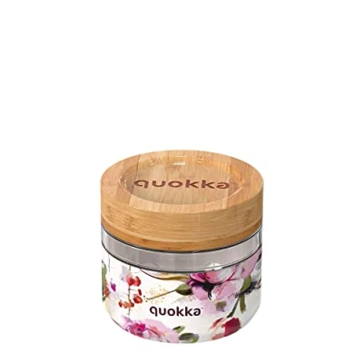 Imagen de Quokka Deli Dark Flowers 500 ML Recipiente Hermetico Para Comida De Cristal Con Tapa Bambu Y Funda Siliciona