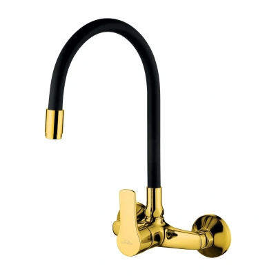 Imagen de Oro Montado Pared Grifo Cocina Pico Elástico Palanca Única Mezclador Agua