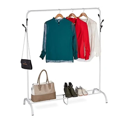 Imagen de Relaxdays Perchero Burro Metálico, Balda, 6 Ganchos, Barra Perchas Dormitorio, 145x132x44 cm, de Pie, Color Blanco, Acero