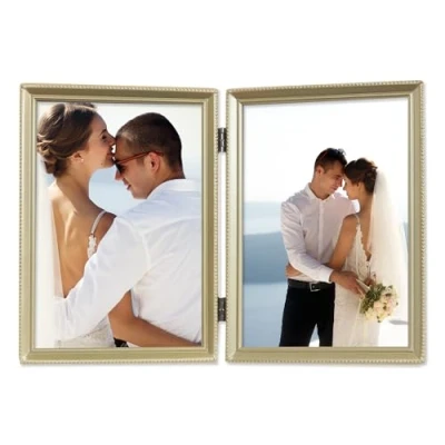 Imagen de Lawrence Frames Marco de fotos doble con bisagras latón antiguo 5 x 7 pulgadas, diseño borde cuentas, oro satinado
