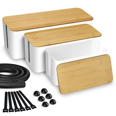 Imagen de Lannvan 3 Caja Organizadora de Cables con Tapa Bambú Guarda Oculta y Recoge Regletas Mesa Escritorio Blanco
