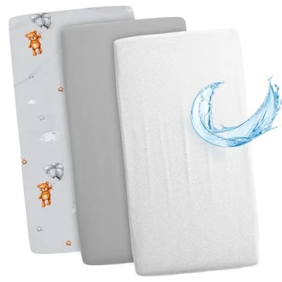Imagen de sábanas Ajustables para Cochecito de bebé Juego 3: 90 x 55 cm 2 + 1 Protector colchón Impermeable Accesorios Cuna y minicuna Osos Peluche