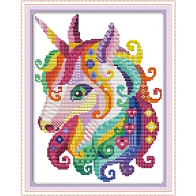 Imagen de OWN4B kit de punto cruz con estampado unicornio colorido 11 quilates, x 15.4 pulgadas, bordado (unicornio 1)