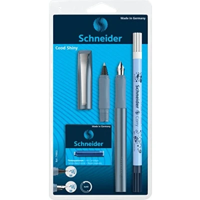 Imagen de Schneider 74863 Ceod Shiny Juego de escritura con pluma, bolígrafo tinta, borrador tinta (diestros y zurdos, punta M, incluye cartucho azul real, en color pacífico