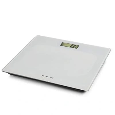 Imagen de Báscula digital de Emerio con sensores precisos, tecnología Step On, incluye 2 pilas AAA, pantalla LCD, unidades en kg/lb/st, hasta máx. 180 kg, ultrafina, cristal blanco, 28 x cm