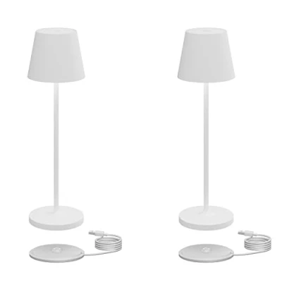 Imagen de Klighten 2 Piezas LED Lámpara de mesa Recargable, Regulable Cálido color luz 3000K escritorio Carga USB, Cuerpo Aluminio, Protección IP54, Blanco, para Exterior/Interior