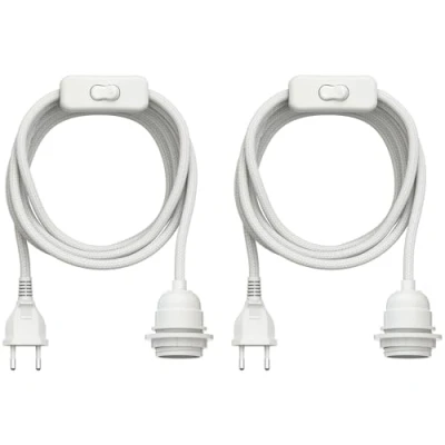Imagen de ledscom.de 2 piezas cable textil LEKA, enchufe, interruptor, blanco, 3 m, portalámparas, 1x E27 máx. 60W