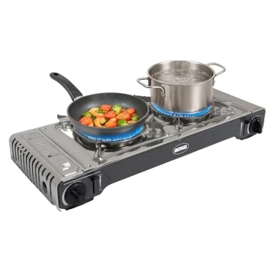 Imagen de Amig Hornillo Camping Gas Cocina Portatil 2X Quemadores Incluye Plancha Parrilla De Fundicion Acero Inoxidable 2,2 Kw Potencia x 2