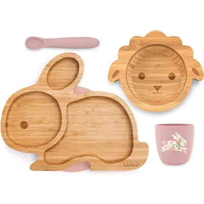 Imagen de Koko Kids® Bamboo and Silicone Feeding Set Rabbit Suction Plate, Lamb Bowl, Cup Spoon (Rosado)