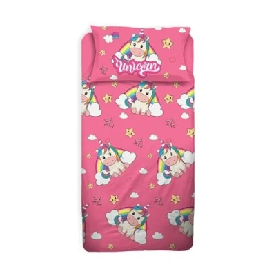 Imagen de Unicornio, sábana Cama Individual niña, Juego de Cama, Rosa, encimera, Bajera, Funda Almohada, 100% algodón, sábanas para Dormitorio