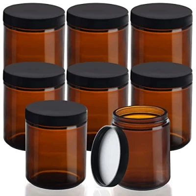 Imagen de BELLE VOUS Tarros Cristal Ámbar Redondo (Pack de 8) 240 ml Botes con Tapa Vacíos Rellenables Negra Rosca Cosméticos, Loción, Crema Facial, Aceites Esenciales, Maquillaje