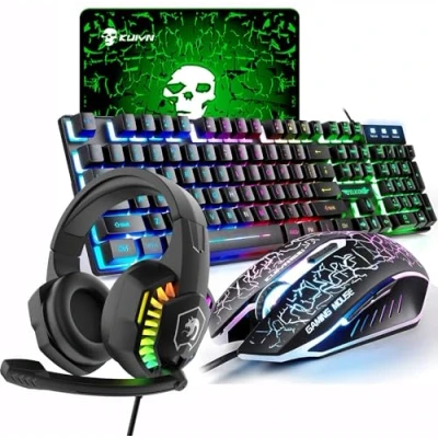 Imagen de Juego de Teclado y ratón para Juegos 4 en 1 con retroiluminación Arco Iris USB + 2400DPI 6 Botones LED Auriculares Almohadillas