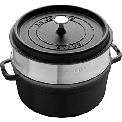 Imagen de STAUB Cacerola/Cocotte con Vaporera de Hierro Fundido, Diámetro 26 cm, 5,2 L, Esmaltado Interior Negro, Negro
