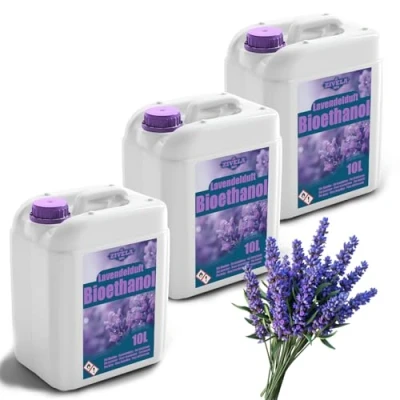 Imagen de Bioetanol 96,6% 30L Bio Alcohol Lavanda Aroma 3x10L para chimenea, chimenea de mesa Combustión limpia, sin humo, llama viva y estable