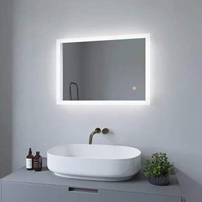 Imagen de AQUABATOS Espejo de baño LED 50 x 70 cm, Pared con iluminación, baño, Interruptor táctil, Temperatura Color, Blanco frío, 6400 K, IP44 CE, Ahorro energía