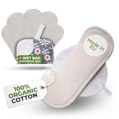 Imagen de Compresas Reutilizables Ecológicas de Bambú Puro; 6 Pack +Bolsa (tamaños S+M) Tela Lavables para Mujer HECHAS EN LA UE; Organico con alas menstruación, incontinencia
