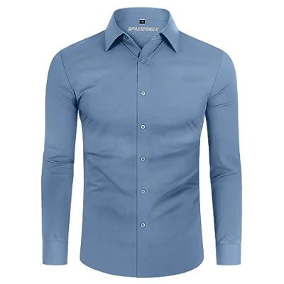 Imagen de DEMEANOR Camisa para hombre, elástica, manga larga, informal, corte ajustado, camisas de negocios, no necesita planchado, azul celeste, M