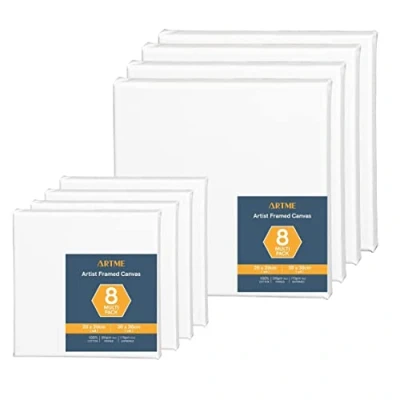 Imagen de Artme Lienzos preestirados 8 piezas (24x30CM 4pk, 30x40CM 4pk) de artista/ 280GSM 100% algodón/blanco/triple imprimado/libre ácido/grano medio/ 1.7cm acrílico/aceite