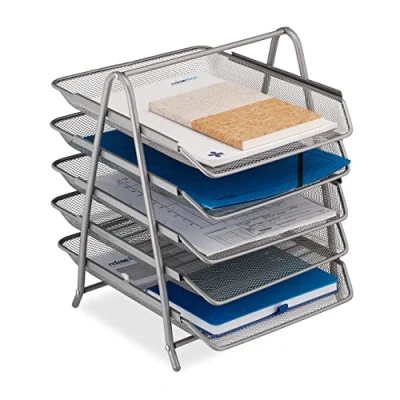 Imagen de Relaxdays Dokumentenablage Metall mit 5 Fächern Bandeja Documentos Compartimentos, Organizador Folios A4, Diseño Malla, Oficina, Plateado, Acero, 37,5 x 30 35 cm Aprox