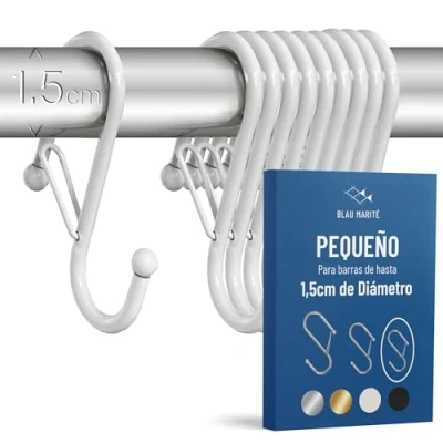 Imagen de Blau Marité 10 Ganchos en Forma de S con Sistema Anticaída. Largo: 6,5 cm. para Barras hasta 1,5cm diametro. Ayuda la organización y almacenaje del hogar. (Blanco, Pequeño)
