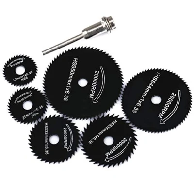 Imagen de 6 Piezas herramienta rotativa de hoja sierra circular mini HSS + vástago 1pc para Corte metal Dremel Discos madera Taladro Mandril 22 50mm