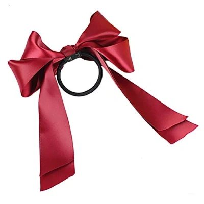 Imagen de ZHOUBA Dulce Mujeres Moda Satén Cinta Arco Pelo Banda Cuerda Scrunchie Ponytail Holder Claret