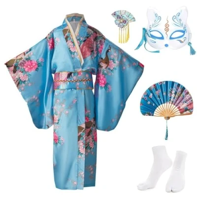 Imagen de KRUIHAN Kimono Niña Vestido Japonés Yukata Bata de Satén para Niños Fiestas Boda,Juego Disfraces Cosplay Infantil con Abanico,Calcetines Tabi,Máscara y Horquilla,Azul,140