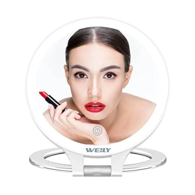 Imagen de WEILY Espejo Maquillaje con Luz, 10x/1x Aumento, Led de Doble Cara 3 Colores, Recargable Plegable Baño para y Viaje (Blanco)
