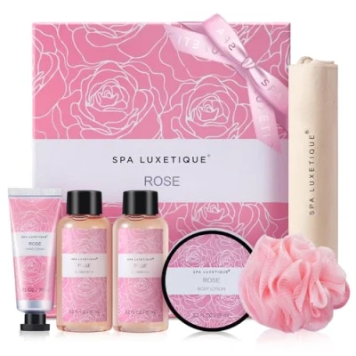 Imagen de SPA LUXETIQUE Set de Regalo Baño para Mujer Gel Ducha, Loción Corporal, Burbujas, Crema Manos, Bolsa Lino con Cordón, Viaje el Día San Valentín