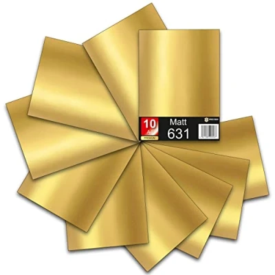 Imagen de lámina autoadhesiva para plóter DIN A4, 29,7 x 21 cm cada una, 621/631, de vinilo trazado, manualidades, pegatinas (dorado mate, juego 10)