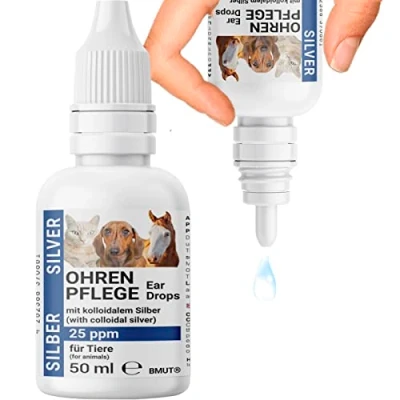 Imagen de BMUT 1 x 50 ml gotas para los oídos perros y gatos con plata coloidal 25 ppm cuidado de oídos, picor, enrojecimiento